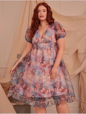 SHEIN Pink Blue Watercolor V-Neck Puff Sleeve Midi Dress